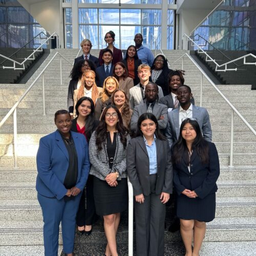 Group of students professionally dre3ssed on the stairs of a court.