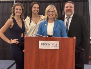 Lexi Ricci, Alana Pytel, Assemblywoman Vicki Flynn and Professor Jonathan Moschberger.